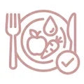 Icon of a plate with healthy food like fruit, vegetables, and water, with a checkmark. Represents balanced nutrition