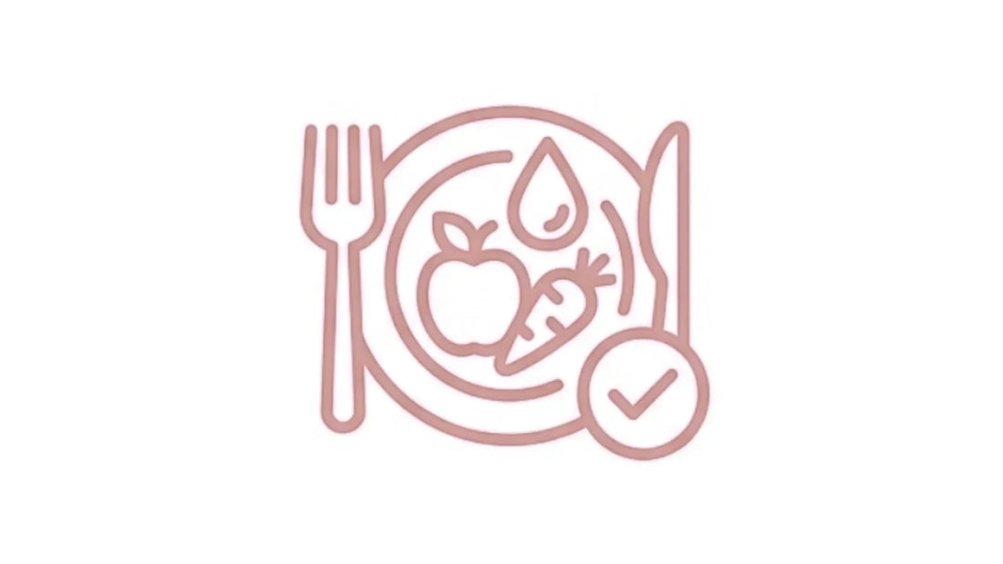 Line icon of a healthy meal with fruit, vegetable, water and checkmark for immune-supporting nutrition. 
