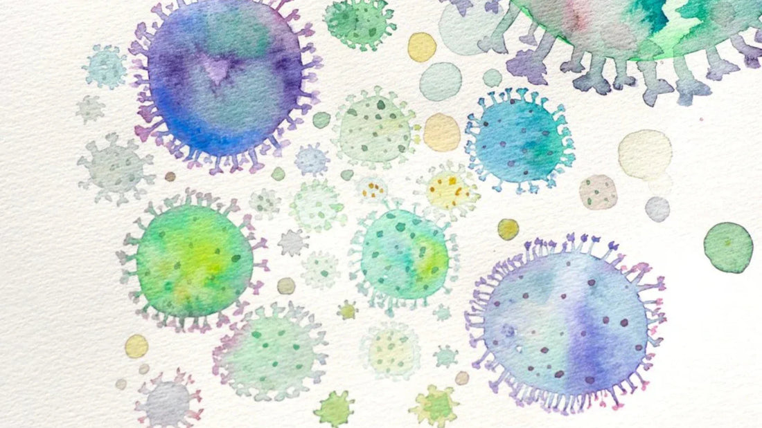 Watercolor illustration of microorganisms including bacteria and viruses in microbiome.