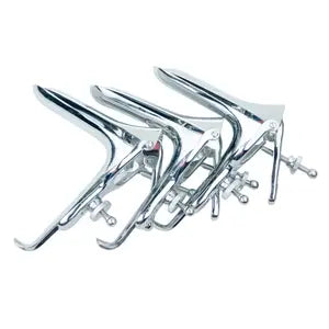 Set of stainless steel medical speculums used for cervical screening exams.