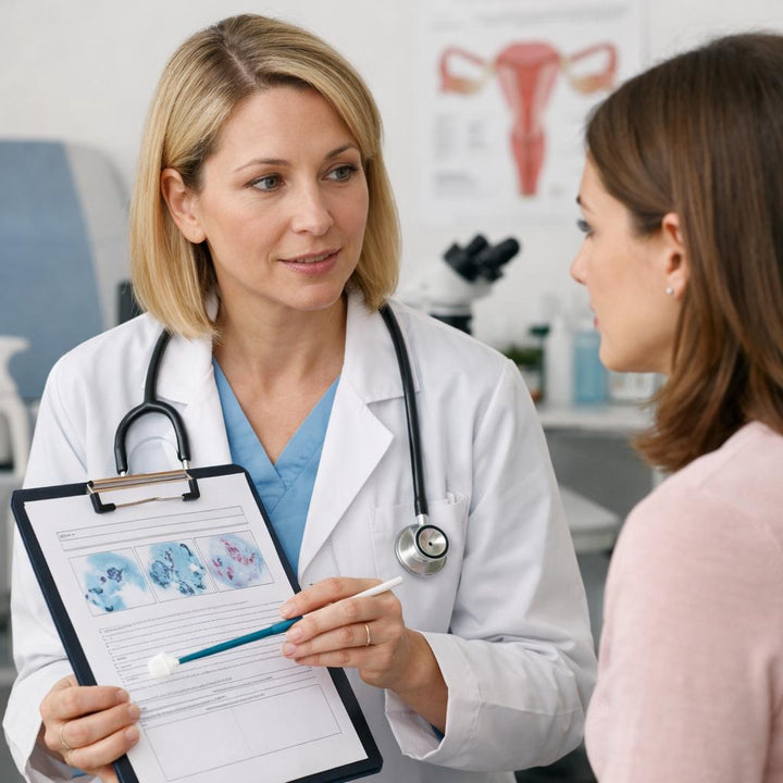Doctor consulting with patient about cervical health in a medical office