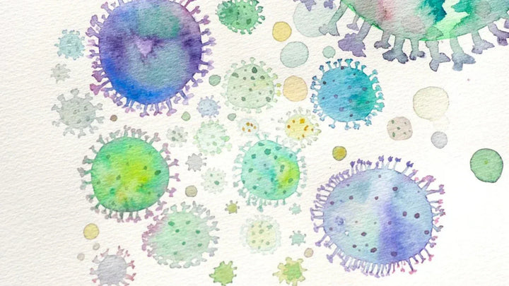 Watercolor illustration of blue and green virus cells, representing HPV and Immune health.