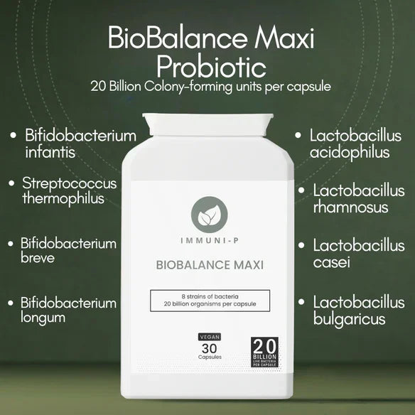 Biobalance Maxi Probiotic supplement featuring multi-strain formula with Bifidobacterium infantis, Streptococcus thermophilus, and Lactobacillus species for gut health support