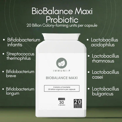 Biobalance Maxi Probiotic supplement featuring multi-strain formula with Bifidobacterium infantis, Streptococcus thermophilus, and Lactobacillus species for gut health support