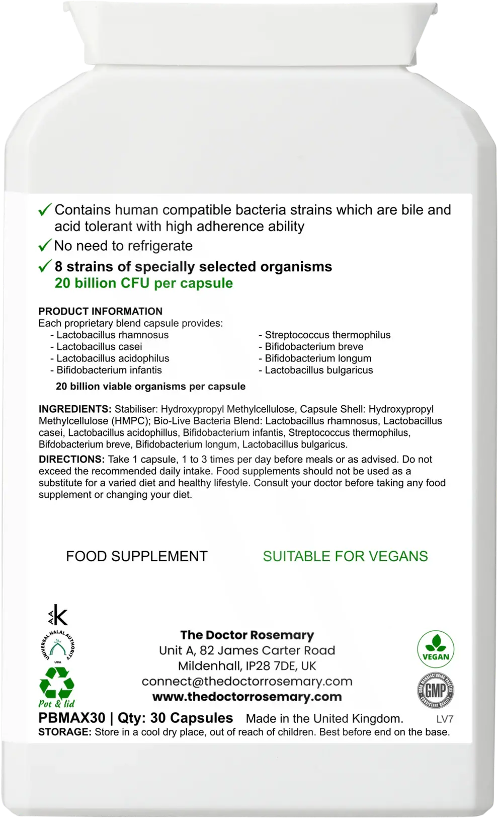 Back label of Biobalance Maxi Probiotic bottle showing product information, ingredients, and usage details for digestive health support