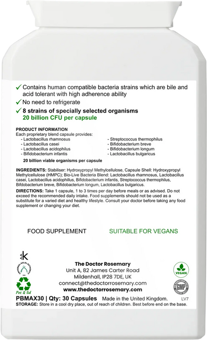 Back label of Biobalance Maxi Probiotic bottle showing product information, ingredients, and usage details for digestive health support