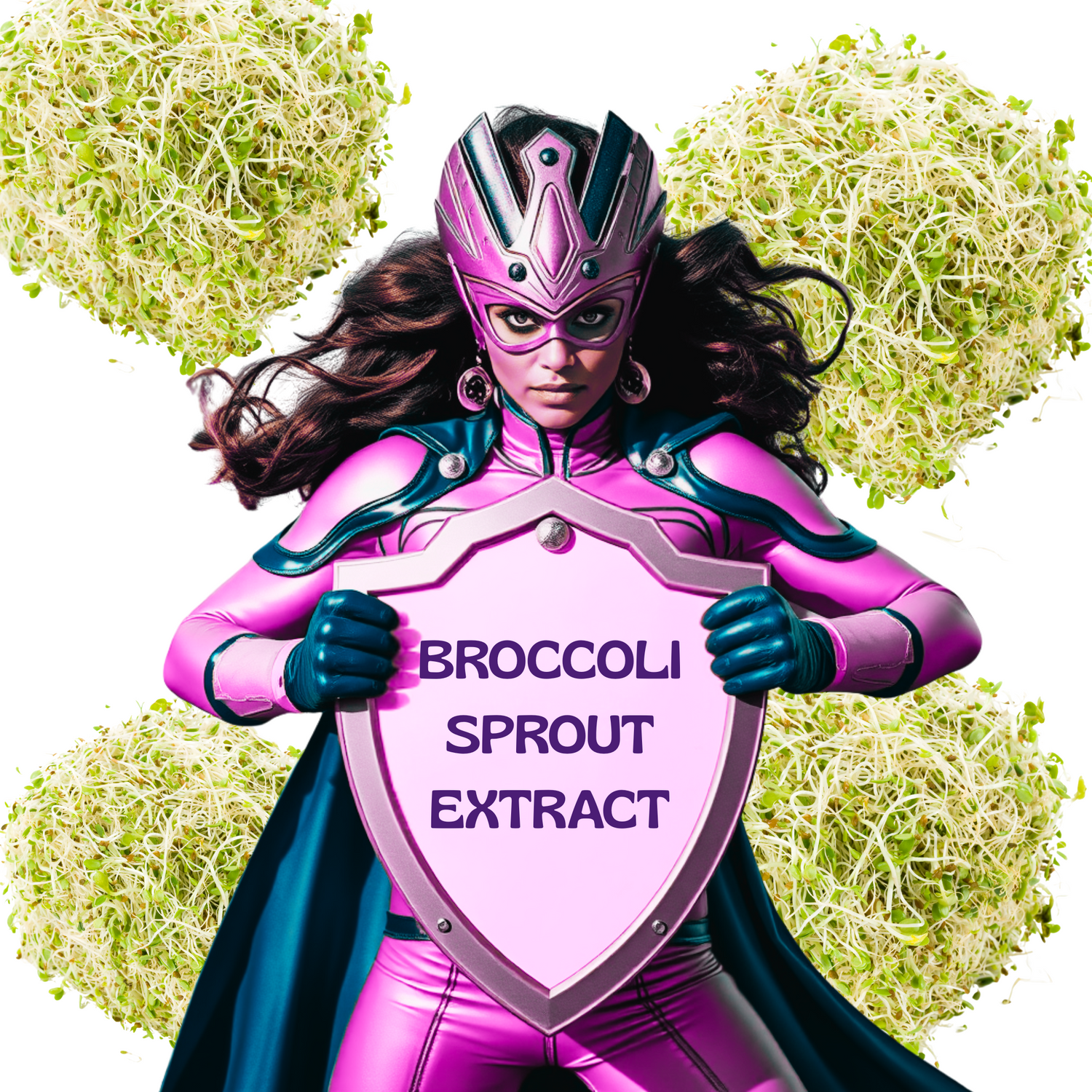 Superhero-inspired wellness image promoting broccoli sprout extract and healthy immune function