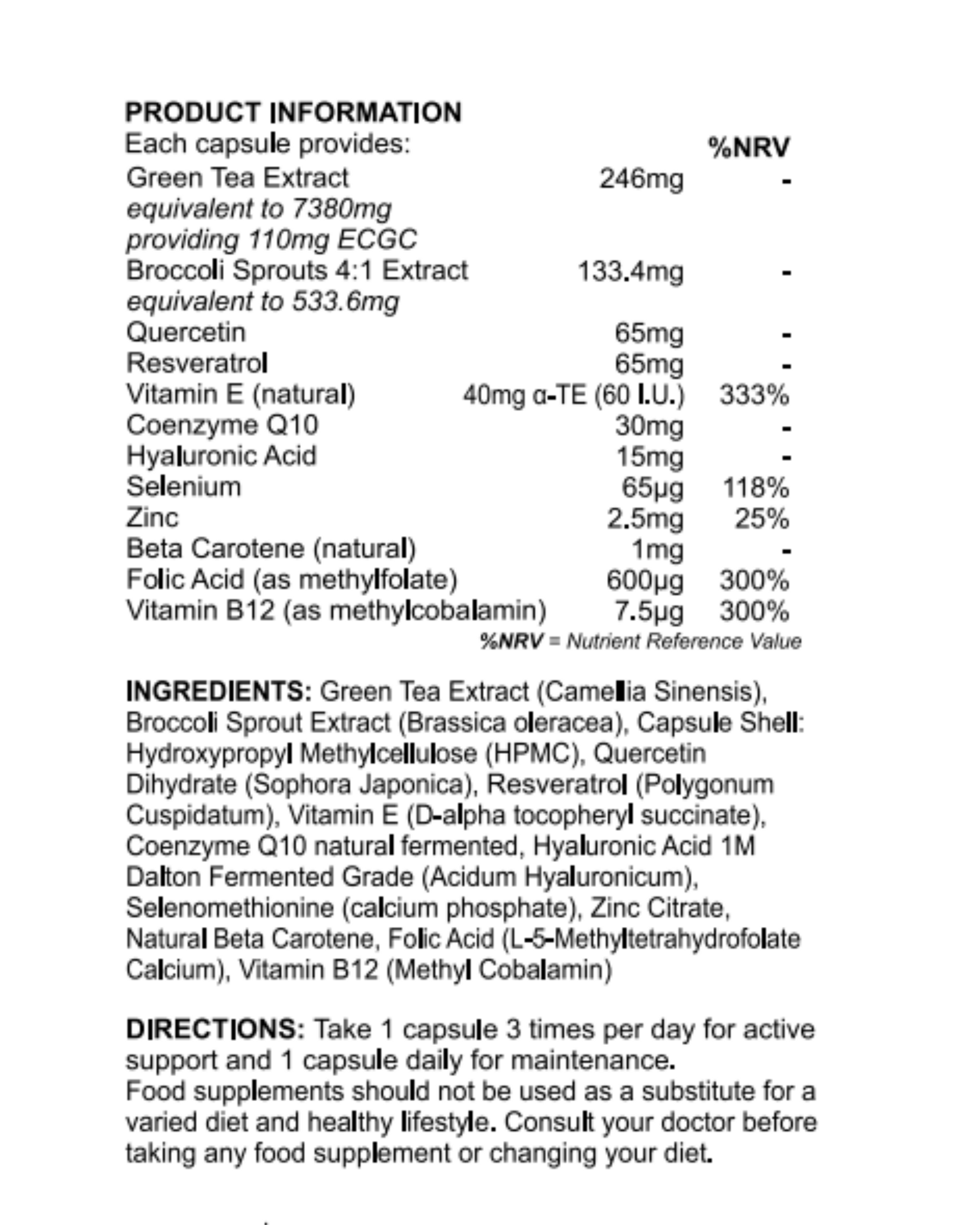 Product information sheet with green tea extract and other health supplement details.