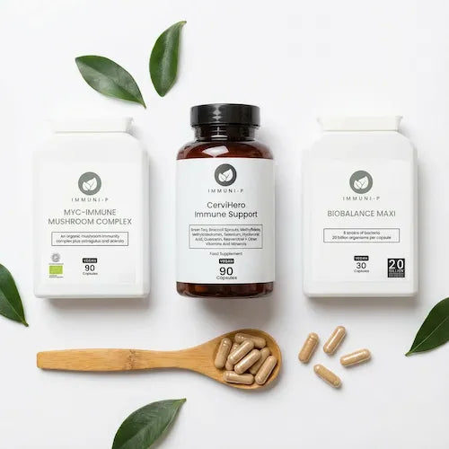 Cervi Rescue System bundle featuring Myc-Immune Mushroom Complex, CerviHero Immune Support, and BioBalance Maxi supplements for cervical and immune health support.