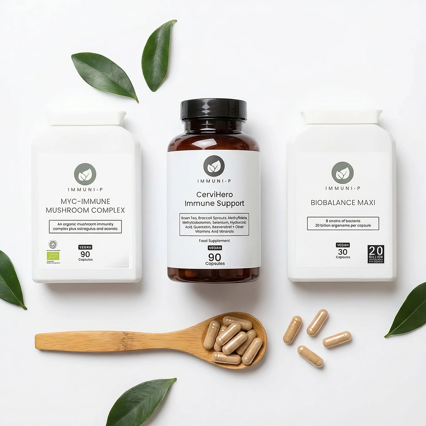 Cervi Rescue System bundle featuring Myc-Immune Mushroom Complex, CerviHero Immune Support, and BioBalance Maxi supplements for cervical and immune health support.