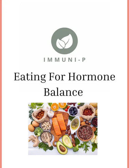 “Eating for Hormone Balance” ebook page with healthy food imagery promoting nutrition for hormonal health and immune support