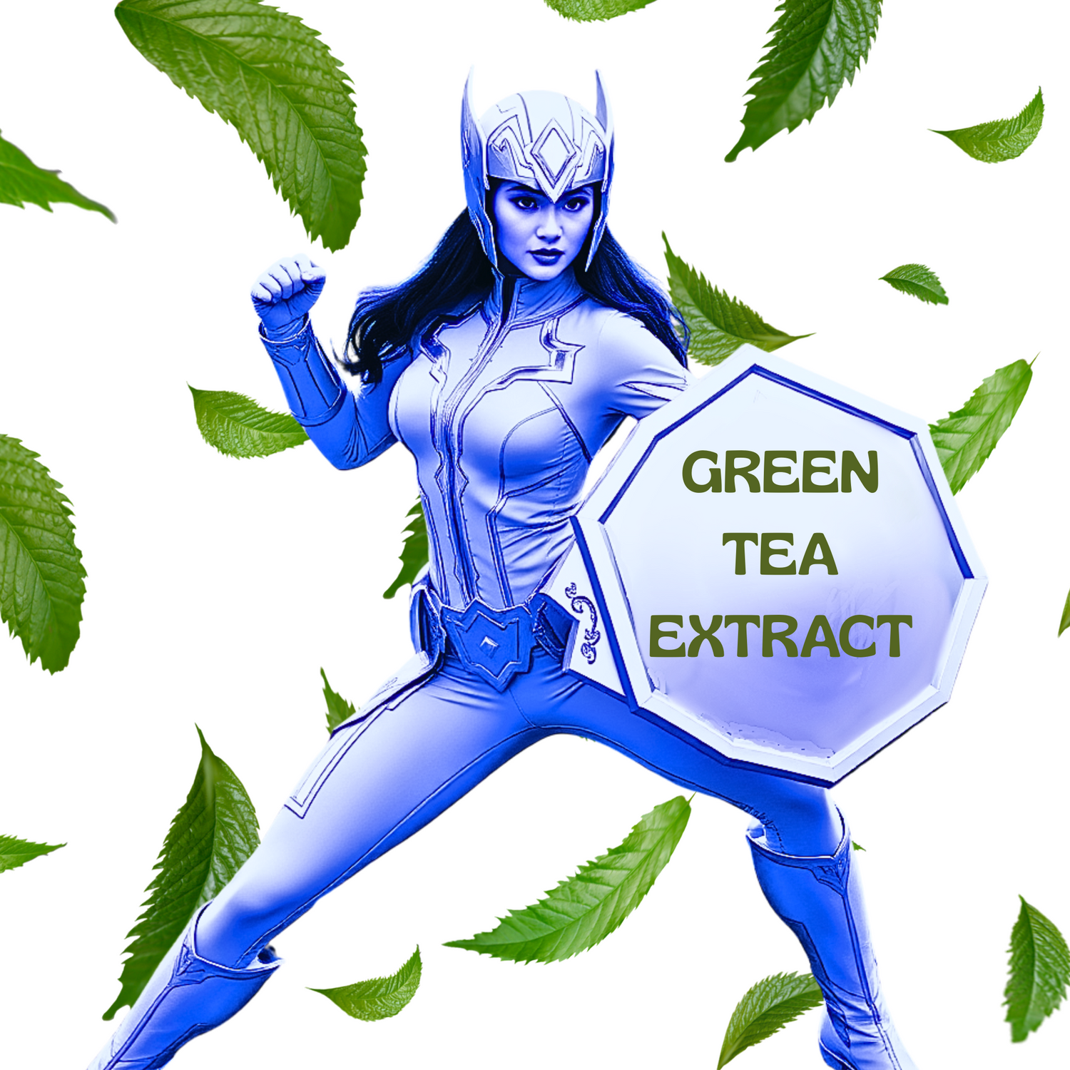 Woman in superhero costume representing green tea warrior symbolizing antioxidant and immune health support