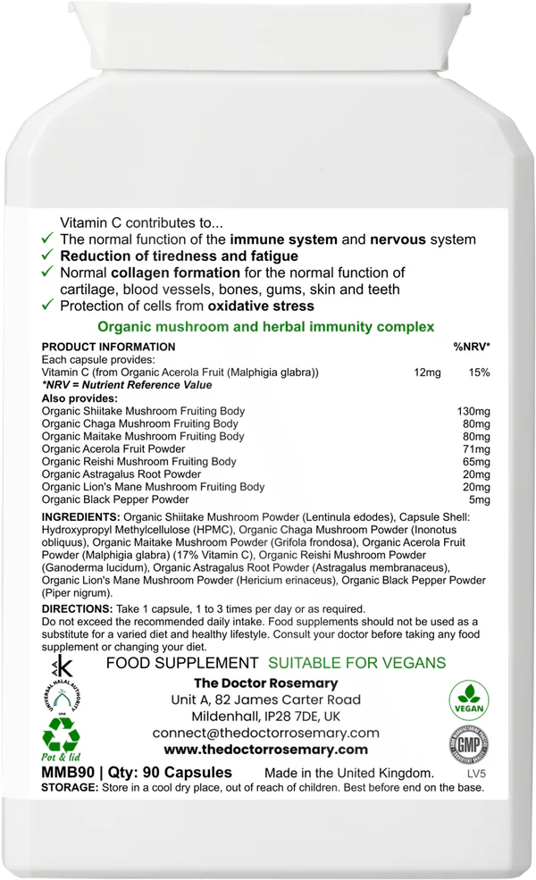 Back label of Myc-Immune Mushroom Complex bottle showing product information, ingredients, and usage details for digestive health support