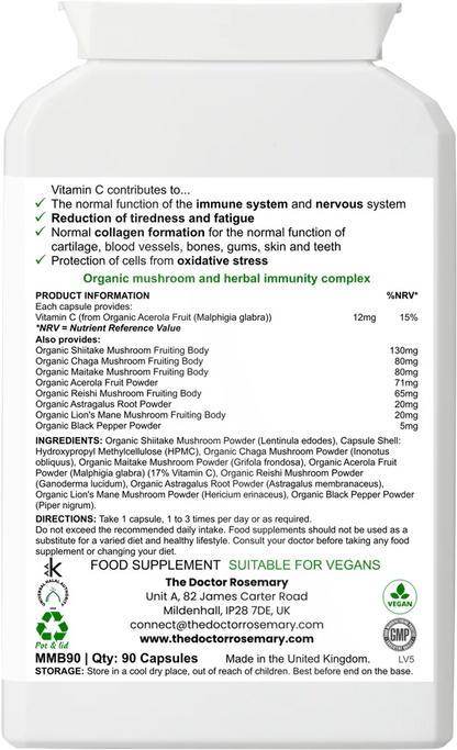 Back label of Myc-Immune Mushroom Complex bottle showing product information, ingredients, and usage details for digestive health support