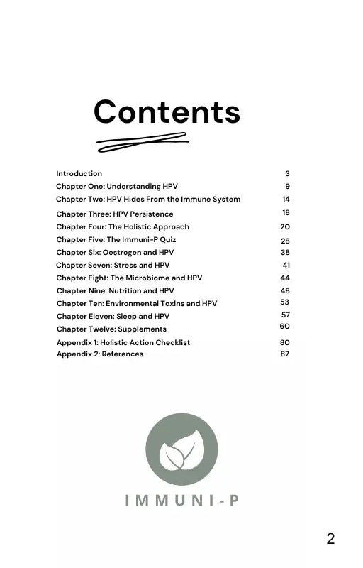 Contents page of Cervical Wellness Guide Book 1 featuring holistic cervical wellness topics, immune health education, lifestyle support, and women’s wellness guidance.