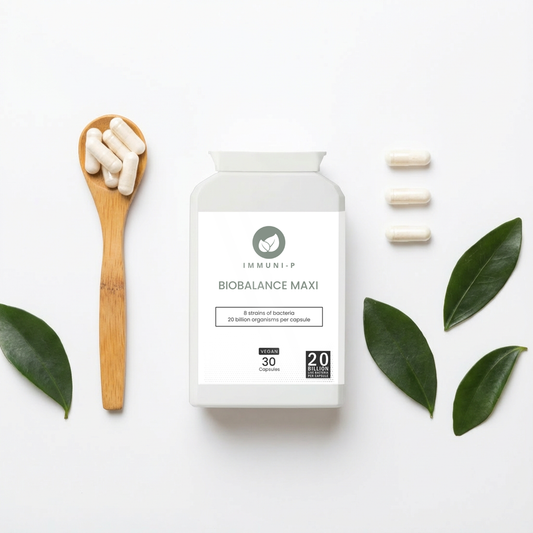 Biobalance Maxi supplement flatlay featuring probiotic capsules and packaging designed for gut microbiome balance support
