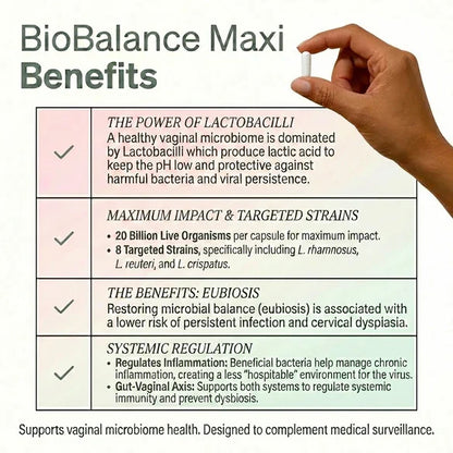 BioBalance Maxi Probiotic benefits highlighting the power of lactobacilli, maximum impact targeted probiotic strains, eubiosis support, and systemic regulation for gut and immune health.