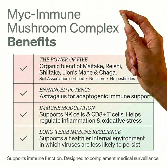 Myc Immune Mushroom Complex benefits highlighting the power of five mushroom blend, enhanced potency, immune modulation, and long-term immune resilience support.