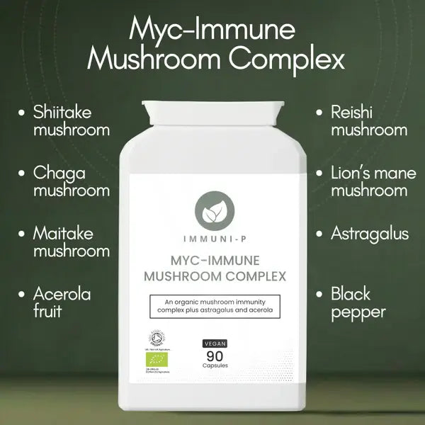 Myc Immune Mushroom Complex supplement with key ingredients including shiitake mushroom, chaga mushroom, maitake mushroom, acerola fruit, reishi mushroom, lion’s mane mushroom, astragalus, and black pepper for immune health support.