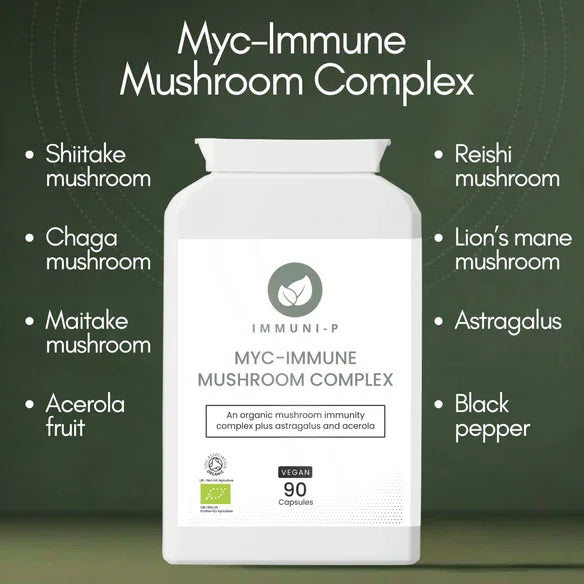 Myc Immune Mushroom Complex supplement with key ingredients including shiitake mushroom, chaga mushroom, maitake mushroom, acerola fruit, reishi mushroom, lion’s mane mushroom, astragalus, and black pepper for immune health support.
