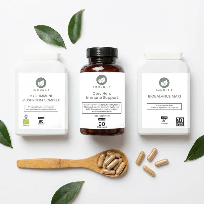 Cervi Rescue System bundle featuring Myc-Immune Mushroom Complex, CerviHero Immune Support, and BioBalance Maxi supplements for cervical and immune health support.